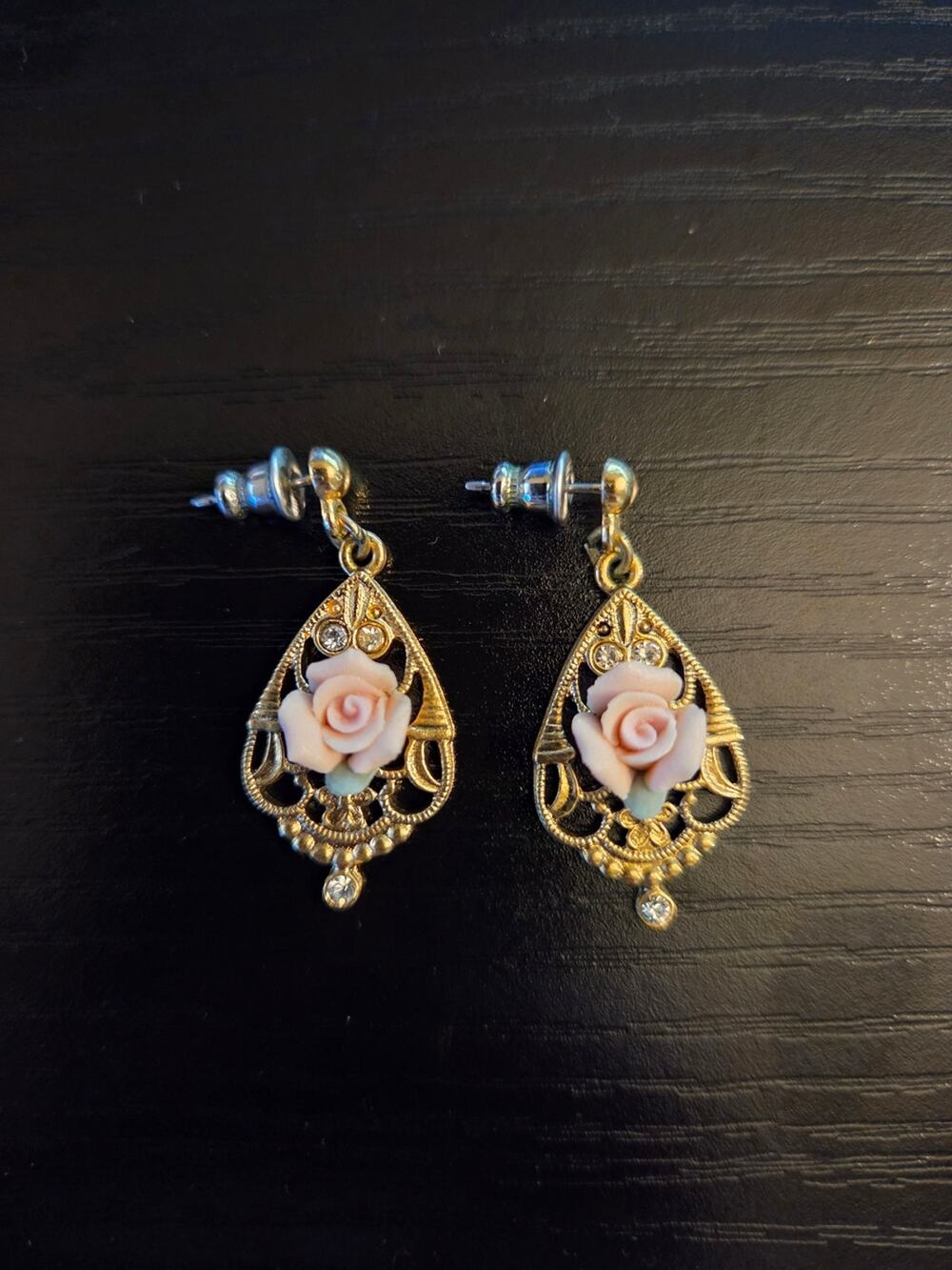 1928 Pink Porcelain Rose & Simulated Crystal Drop Earrings